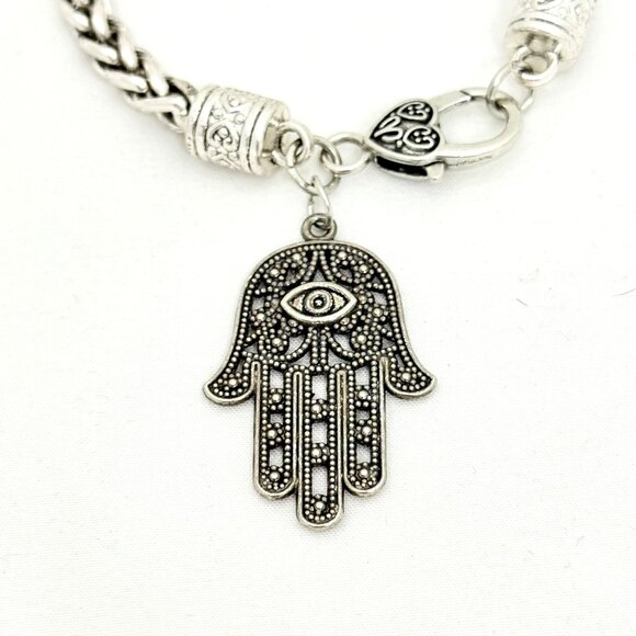 Silver-Tone Hamsa Hand Charm Bracelet Heart Lobster Clasp & Thick Braided Chain - Picture 2 of 8